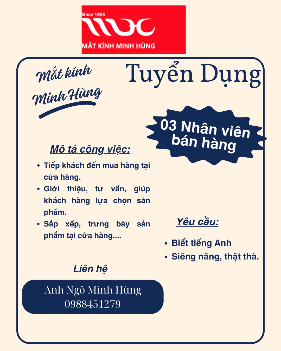 MẮT KÍNH MINH HÙNG TUYỂN DỤNG