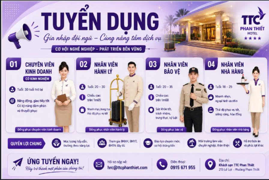 Chi nhánh Công ty TNHH Du Lịch TTC - TTC Hotel Premium -Phan Thiết. ( Khách sạn TTC Hotel Phan Thiết) tuyển dụng